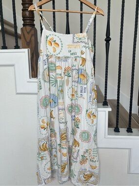 Paper Heart White Yellow Green Linen Blend Dress with Italian Summer Print